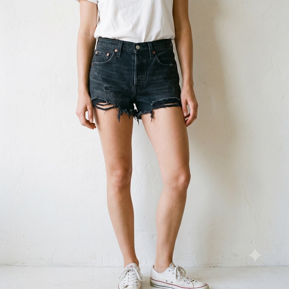 Levis 501 Shorts Womens 28 Black Distressed Raw Hem Grunge Festival Aesthetic